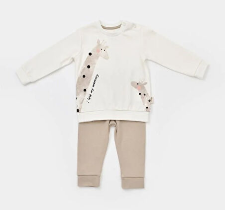 BabyCosy Erkek Bebek Baskılı Takım 3-24 Ay Ekru