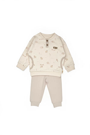 BabyCosy Erkek Bebek Baskılı Takım 3-24 Ay Krem