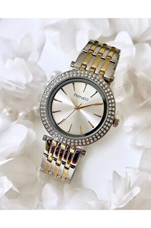 Ferrucci Gold&Silver Taşlı Şık Büyük Kadranlı Kadın Kol Saati