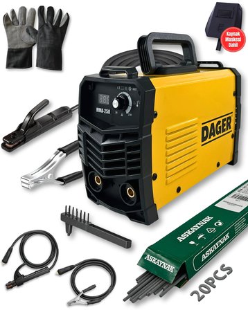Dager MMA250 250 Amper Inverter Mini Çanta Kaynak Makinesi Seti | IGBT | Dijital Ekran | Elektrod + Maske + Eldiven