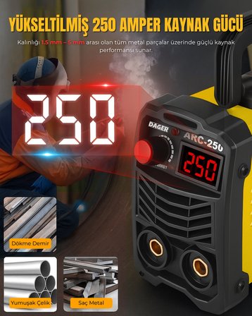 Dager MMA250 250 Amper Inverter Mini Çanta Kaynak Makinesi Seti | IGBT | Dijital Ekran | Elektrod + Maske + Eldiven