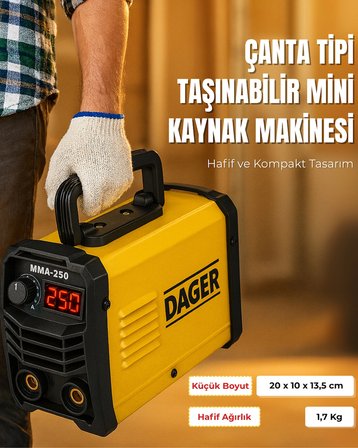Dager MMA250 250 Amper Inverter Mini Çanta Kaynak Makinesi Seti | IGBT | Dijital Ekran | Elektrod + Maske + Eldiven