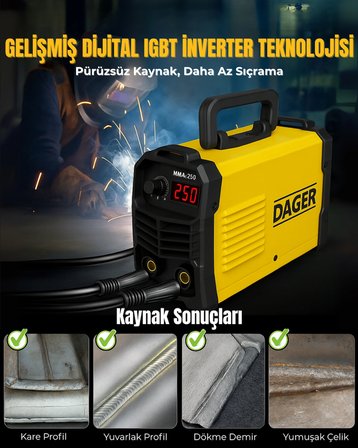 Dager MMA250 250 Amper Inverter Mini Çanta Kaynak Makinesi Seti | IGBT | Dijital Ekran | Elektrod + Maske + Eldiven