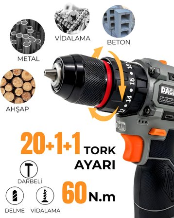 Dager BOLT 16.8V Kömürsüz Darbeli Şarjlı Matkap Vidalama Seti | 60Nm | Çift Akü + 85 Parça Aksesuar + Hızlı Şarj | Gri