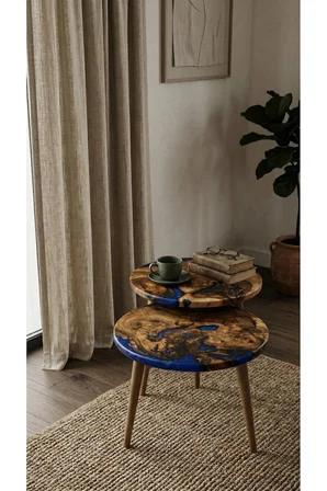 Ahşap & Epoksi 2'li Yan Sehpa | 60 cm | Doğal Masif Ahşap