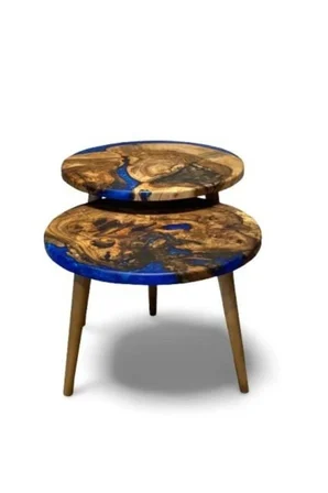 Ahşap & Epoksi 2'li Yan Sehpa | 60 cm | Doğal Masif Ahşap