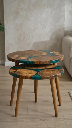 Ahşap & Yeşil Epoksi | 60cm | 2'li Yan Sehpa | 
