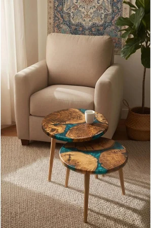 Ahşap & Yeşil Epoksi | 60cm | 2'li Yan Sehpa | 