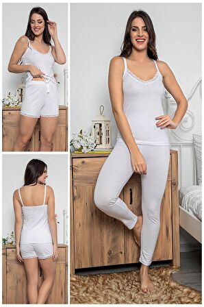 MyBen Kadın Beyaz Renkli Dantel Detaylı Şortlu ve Taytlı Pijama Takımı 3'lü Set 75020