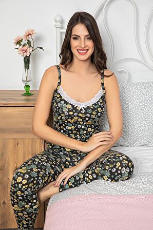 MyBen Kadın Siyah Renkli Dantel Detaylı Şortlu ve Taytlı Pijama Takımı 3'lü Set 75011 