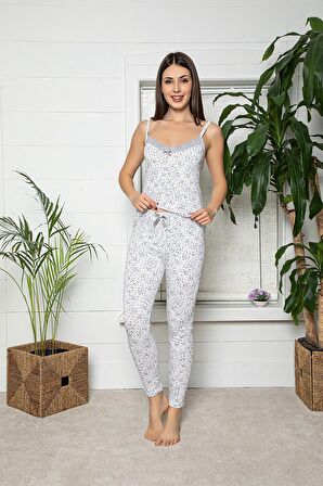 MyBen Kadın Beyaz Renkli Dantel Detaylı Şortlu ve Taytlı Pijama Takımı 3'lü Set 75027