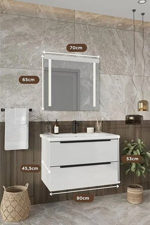 BALNEOM Banyo Kadife Beyaz Parlak Hıgh Gloss %100 Mdf 80 Cm Banyo Dolabı Led Işıklı Aynalı Üst Dolap