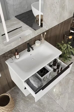 BALNEOM Banyo Kadife Beyaz Parlak Hıgh Gloss %100 Mdf 80 Cm Banyo Dolabı Led Işıklı Aynalı Üst Dolap