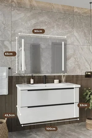 BALNEOM Banyo Kadife Beyaz Parlak Hıgh Gloss %100 Mdf 100 Cm Banyo Dolabı Led Işıklı Aynalı Üst Dolap