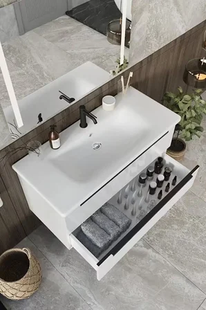 BALNEOM Banyo Kadife Beyaz Parlak Hıgh Gloss %100 Mdf 100 Cm Banyo Dolabı Led Işıklı Aynalı Üst Dolap