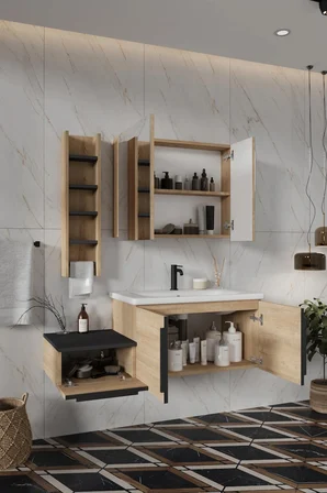 BALNEOM Banyo Zakkum 120 Cm Demonte Lavabolu Banyo Dolabı Dolaplı Aynalı Üst Dolap Havluluk