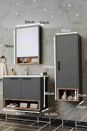 BALNEOM Banyo Karanfil 80 Cm %100 Mdf Antrasit Lavabolu Banyo Dolabı Ayna Lavabo Boy Dolabı