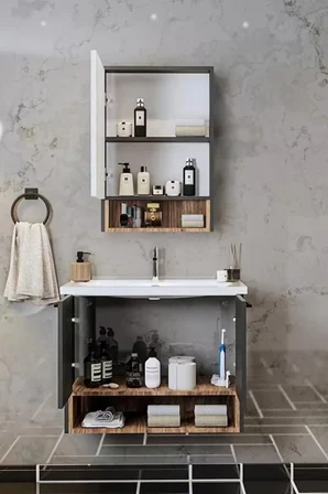 BALNEOM Banyo Karanfil 80 Cm %100 Mdf Antrasit Lavabolu Banyo Dolabı Ayna Lavabo Boy Dolabı