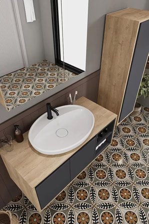 BALNEOM Gül 100 Cm %100 Mdf Lavabolu Banyo Dolabı Ayna Alt Dolap Lavabo Boy Dolabı