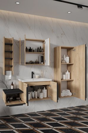 BALNEOM Zakkum 100 Cm %100 Mdf Lavabolu Banyo Dolabı Dolaplı Aynalı Üst Dolap Boy Dolabı Havluluk