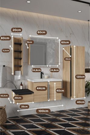 BALNEOM Zakkum 100 Cm %100 Mdf Lavabolu Banyo Dolabı Dolaplı Aynalı Üst Dolap Boy Dolabı Havluluk