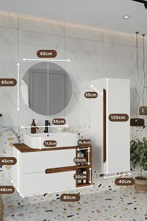 BALNEOM Koza Beyaz 80 Cm %100 Mdf Banyo Dolabı Ayna Lavabo Boy Dolabı