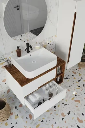 BALNEOM Koza Beyaz 80 Cm %100 Mdf Banyo Dolabı Ayna Lavabo Boy Dolabı