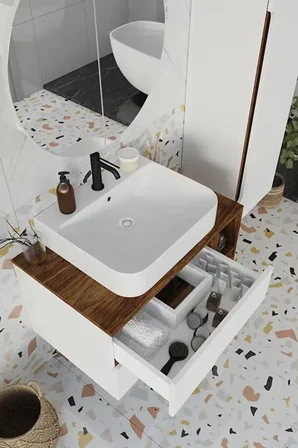 BALNEOM Koza Beyaz 80 Cm %100 Mdf Banyo Dolabı Ayna Lavabo Boy Dolabı