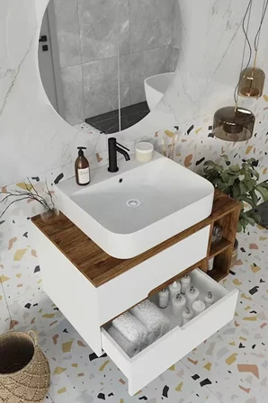 BALNEOM Koza Beyaz 80 Cm Banyo Dolabı+ayna+lavabo