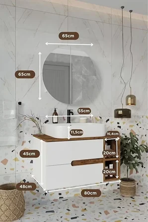 BALNEOM Koza Beyaz 80 Cm Banyo Dolabı+ayna+lavabo