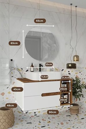 BALNEOM Koza Beyaz 90 Cm %100 Mdf Lavabolu Banyo Dolabı Ayna Lavabo