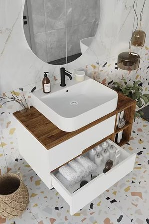 BALNEOM Koza Beyaz 90 Cm %100 Mdf Lavabolu Banyo Dolabı Ayna Lavabo