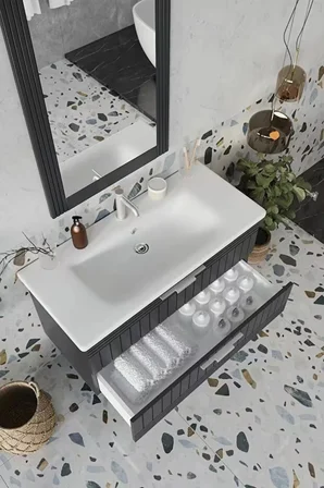 BALNEOM Erguvan Gümüş Kulp Antrasit Demonte 100 Cm Lavabolu Banyo Dolabı^ Ayna