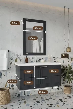 BALNEOM Erguvan Gümüş Kulp Antrasit Demonte 100 Cm Lavabolu Banyo Dolabı^ Ayna