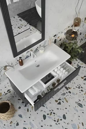 BALNEOM Erguvan Gümüş Kulp Antrasit Demonte 100 Cm Lavabolu Banyo Dolabı^ Ayna