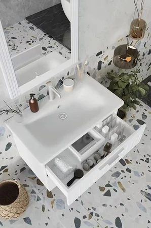 BALNEOM Erguvan Gümüş Kulp Beyaz Demonte 80 Cm Lavabolu Banyo Dolabı Ayna Lavabo