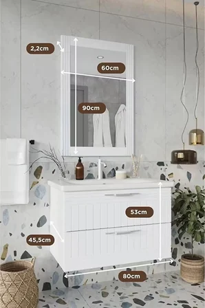 BALNEOM Erguvan Gümüş Kulp Beyaz Demonte 80 Cm Lavabolu Banyo Dolabı Ayna Lavabo