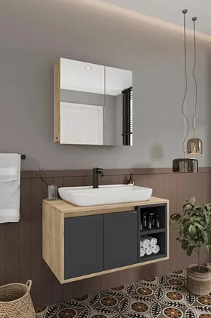 BALNEOM Lale 80 Cm %100 Mdf Lavabolu Banyo Dolabı + Aynalı Dolap