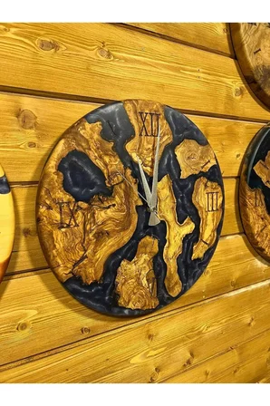 Antrasit Zeytin Doğal Ahşap Epoksi Duvar Saati