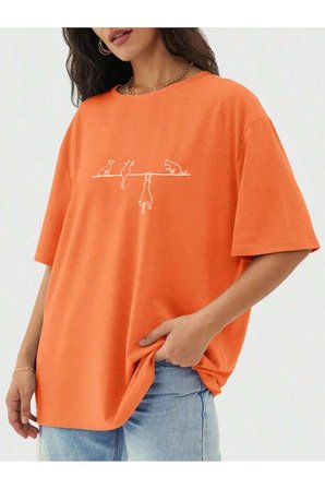 Unisex Kedi Baskılı Oversize Tshirt