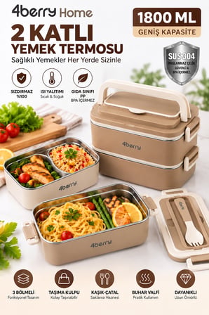 2 Katlı Yemek Termosu – 3 Bölmeli 1800 ML Taşınabilir Yemek Kabı, 304 Paslanmaz Çelik, Sızdırmaz, Isı Yalıtımlı, Kaşıklı