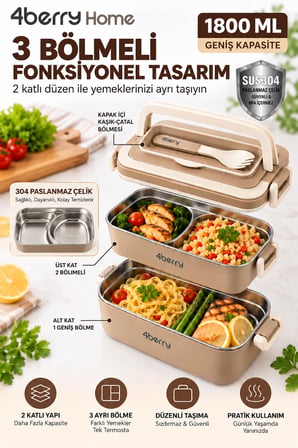 2 Katlı Yemek Termosu – 3 Bölmeli 1800 ML Taşınabilir Yemek Kabı, 304 Paslanmaz Çelik, Sızdırmaz, Isı Yalıtımlı, Kaşıklı