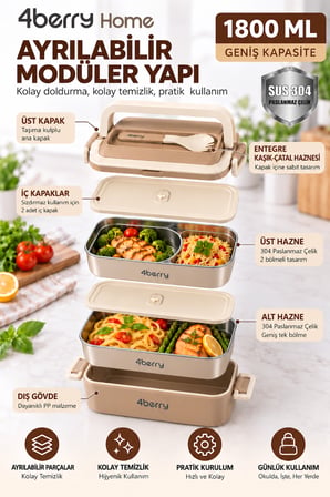 2 Katlı Yemek Termosu – 3 Bölmeli 1800 ML Taşınabilir Yemek Kabı, 304 Paslanmaz Çelik, Sızdırmaz, Isı Yalıtımlı, Kaşıklı