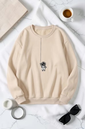 Unisex Astronot Baskılı Bisiklet Yaka Sweatshirt