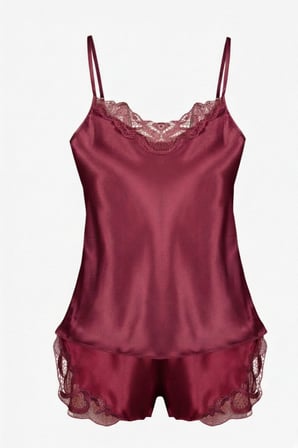Laperissa Kadın Pijama Bordo Saten Dantel Detaylı İp Askılı Şort Takım