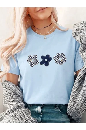 Unisex Ekose Desenli Çiçek Baskılı Tasarım Tshirt