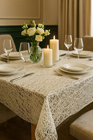 Silinebilir Su Geçirmez Hasır Lüx PVC Kaplamalı Masa Örtüsü – Şeffaf, Beyaz Bej Muşamba