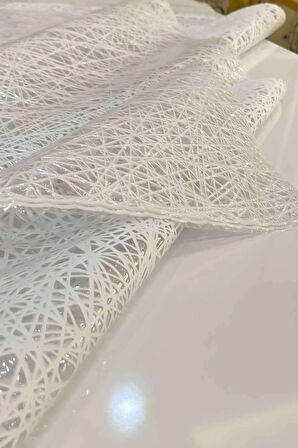 Şeffaf Hasır Lüx PVC Kaplamalı Masa Örtüsü – Silinebilir, Su Geçirmez, Beyaz Bej Muşamba