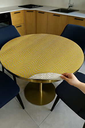 Çeyizlik Gold Yuvarlak Orta Sehpa Örtüsü – Paralel Çizgili, Dantelli, PVC