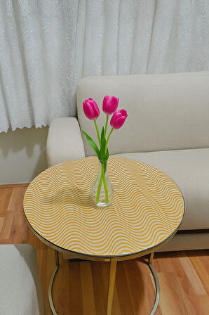 Çeyizlik Gold Yuvarlak Orta Sehpa Örtüsü – Paralel Çizgili, Dantelli, PVC